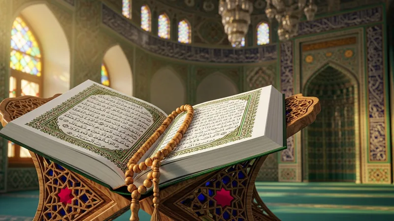 Kitaplar ve tesbih ile İslam temalı görsel, sıcak renkler hakim