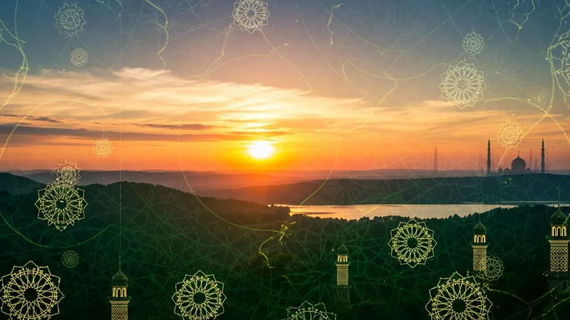 Doğa manzarası, gün batımı, islami motiflerle süslenmiş