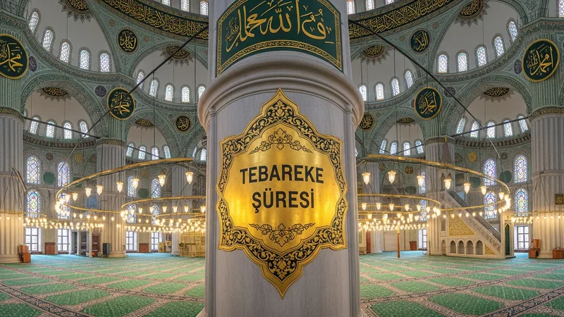 Osmanlı tarzı cami içinde Tebareke Suresi yazılı levha