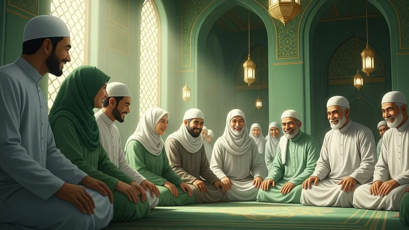 İslam'da tebessümün önemi konulu görsel, cami içinde tebessüm eden bir cemaat