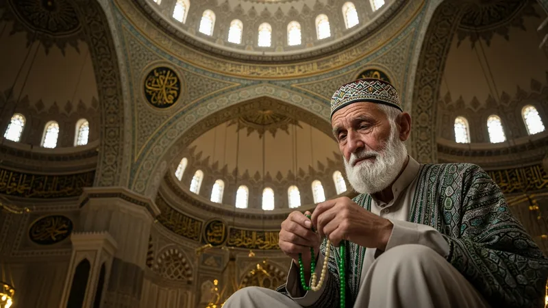 Bir caminin kubbesi altında tefekkür eden, sakallı, yaşlı bir Müslüman alim, elinde tesbih, huzurlu bir ifadeyle derin düşüncelere dalmış. Islamic art style, soft lighting, intricate details, green and gold accents.