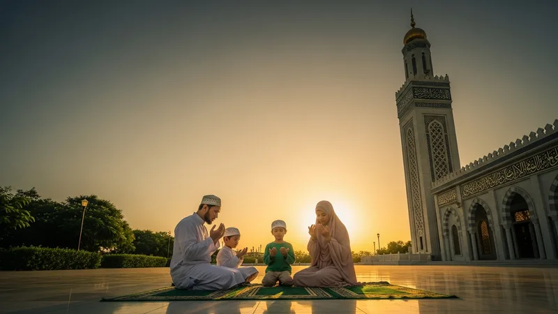 Bir cami minaresinin gölgesinde, dua eden bir aile, çocuklarıyla birlikte, huzurlu bir şekilde tefekkür ediyor. Islamic architecture, warm sunset lighting, traditional attire, serene and spiritual atmosphere.