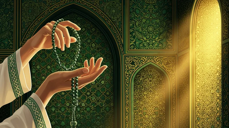 Tesbih çeken eller, İslam sanatıyla bezenmiş bir arka plan