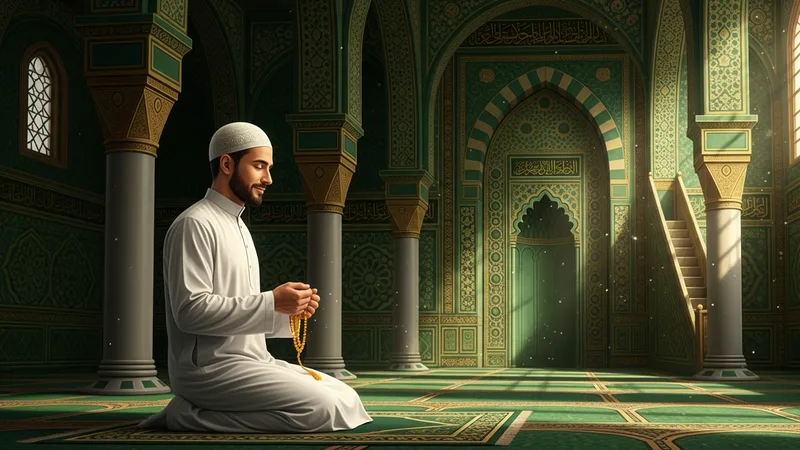 Camide tesbih çeken bir adam, huzurlu bir atmosfer