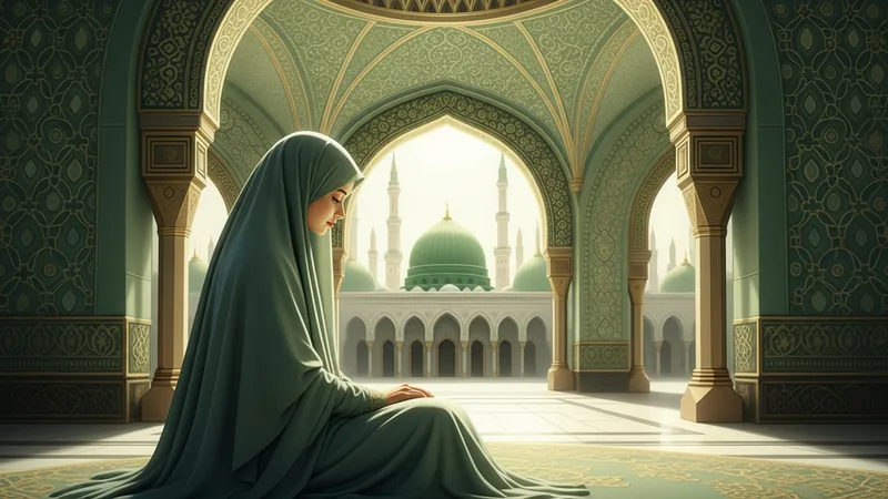 İslami sanatta bir kadının tevazu ile örtünmesini gösteren, huzurlu bir cami avlusunda oturan bir görsel. Yeşil ve altın tonları hakim.