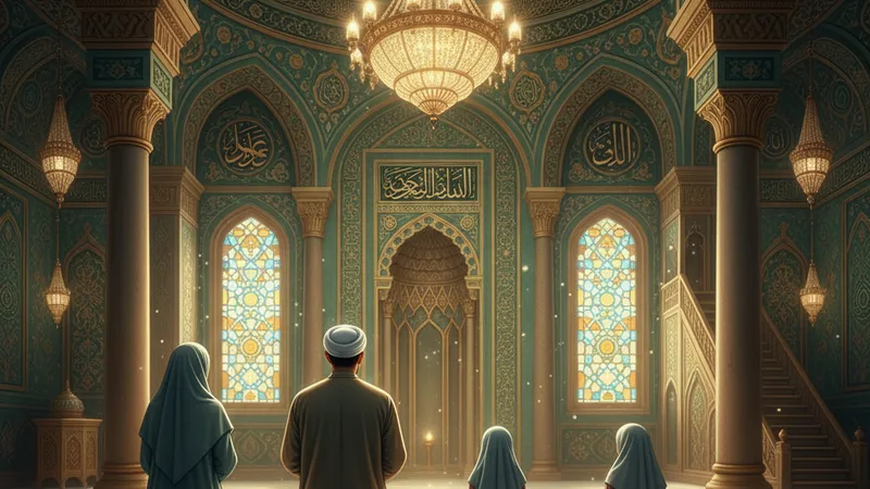 Bir ailenin camide namaz kıldığı, huzurlu bir ortamı tasvir eden İslami sanat eseri. Yeşil ve altın detaylarla süslenmiş mimari unsurlar.