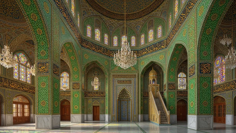 Yeşil ve altın renk tonlarında cami içi görseli, hat yazılarıyla süslenmiş
