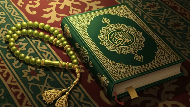 İslami motiflerle süslenmiş bir tesbih ve Kur'an-ı Kerim çizimi