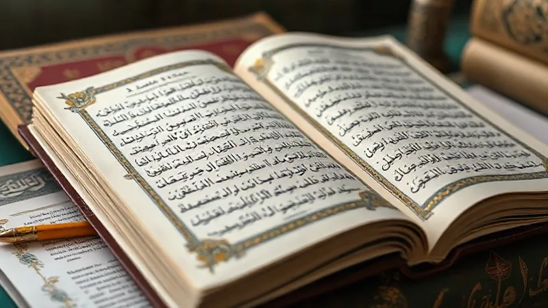 Tefsir kitapları açık, Tevbe Suresi ayetleri üzerine notlar alınmış masa