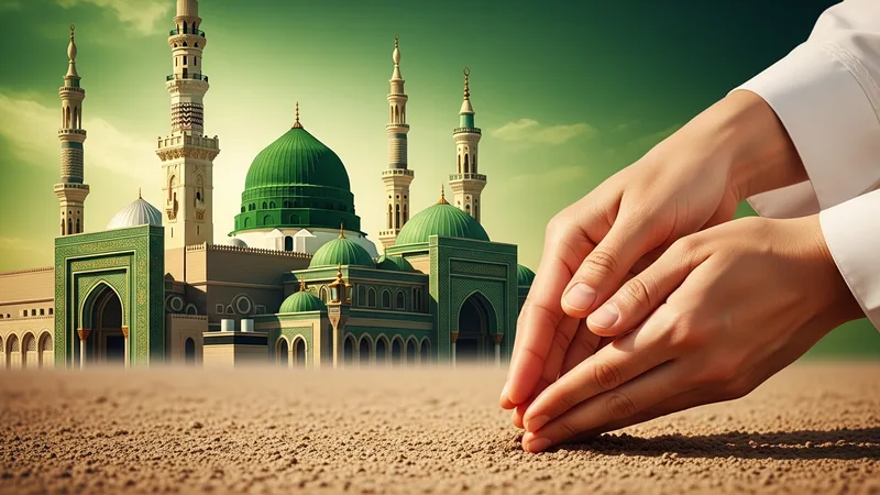 Teyemmüm abdesti için temiz bir toprak veya taş yüzeyi hazırlanıyor. Ellerin ve yüzün mesh edilmesi İslam sanatıyla resmedilmiş.