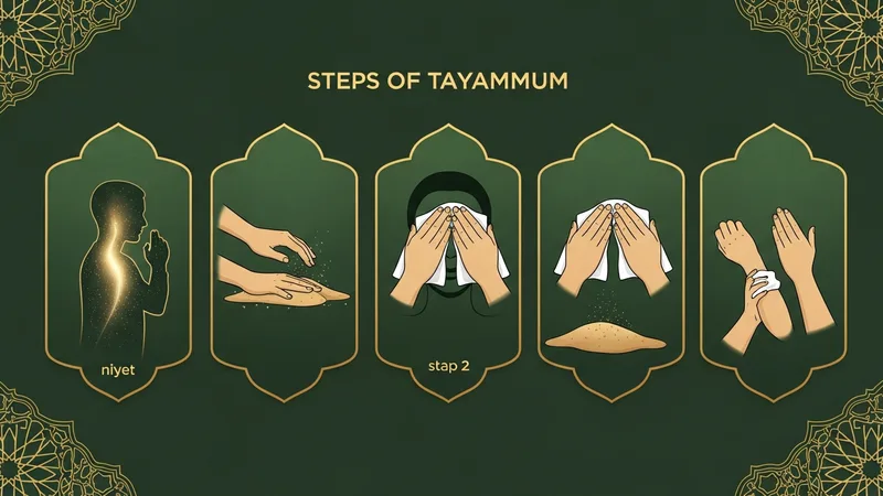 Teyemmüm abdestinin adımları infografik şeklinde gösteriliyor. Niyet, elleri toprağa vurma, yüzü mesh etme, elleri tekrar vurma ve kolları mesh etme.