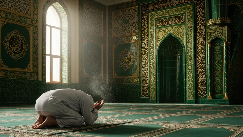 Bir Müslüman, teyemmüm abdesti aldıktan sonra huşu içinde namaz kılıyor. Arka planda cami motifi var.