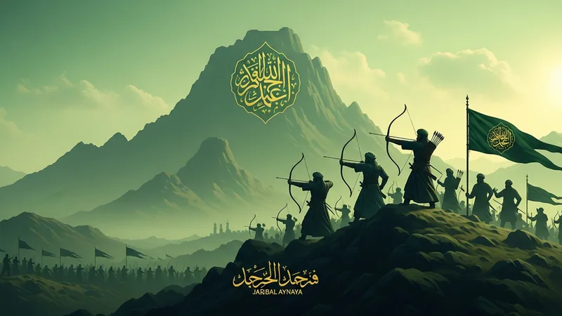 Uhud Dağı eteklerinde okçular tepesi üzerinde duran Müslüman okçuların İslami sanat tarzında, yeşil ve altın renklerin hakim olduğu bir tasviri. Arkalarında Uhud Dağı'nın görkemli silüeti, önlerinde ise savaş meydanı uzanıyor.