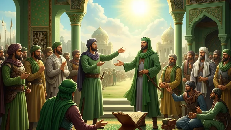 Uhud Savaşı'ndan çıkarılan dersleri temsil eden, Peygamber Efendimiz'in (s.a.v.) ashabına birlik ve itaati öğütlediği, İslami minyatür sanatına uygun, aydınlık ve ilham verici bir sahne. Yeşil ve altın renkler ön planda.