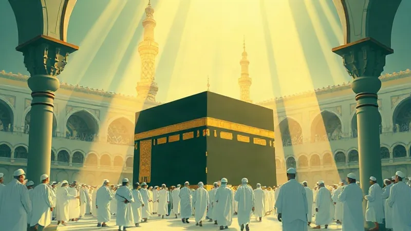 Kabe önünde ihramlı umreciler tavaf yaparken