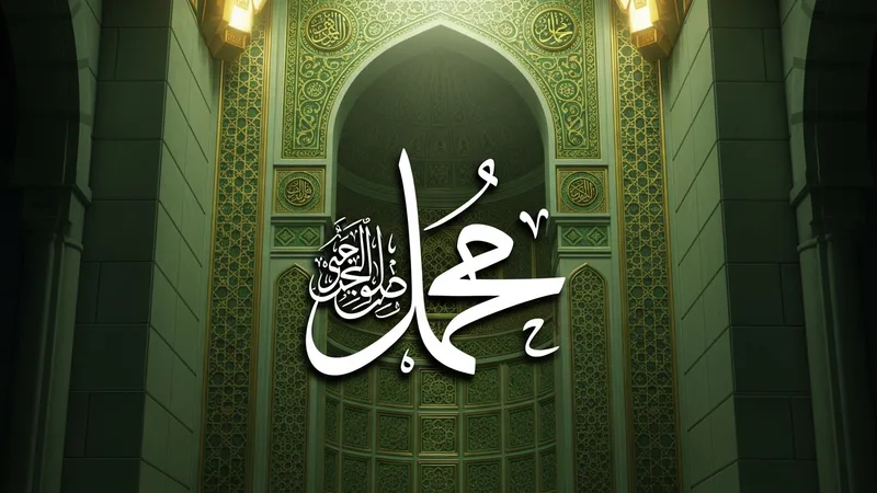 İslami sanatta vacip kelimesinin kaligrafik temsili, altın ve yeşil tonlarda, bir cami kubbesi fonunda