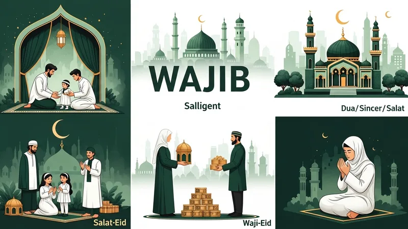 Modern bir şehirde, İslam'ın vacip hükümlerini uygulayan insanlar, namaz kılan, sadaka veren ve kurban kesen figürler