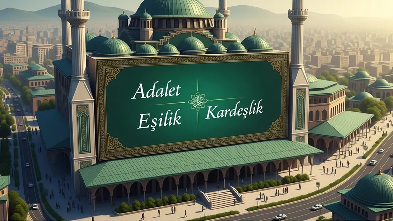 Modern bir şehirde Veda Hutbesi'nin mesajlarını yansıtan bir billboard veya cami duvarı, adalet, eşitlik ve kardeşlik temalarını vurgulayan İslami sanatsal öğelerle.