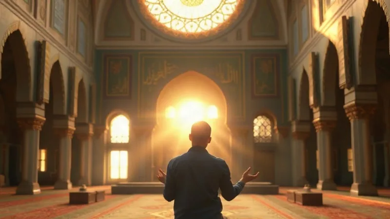 Sabah namazı sonrası Ya Rezzak zikri çeken kişi ve cami silüeti