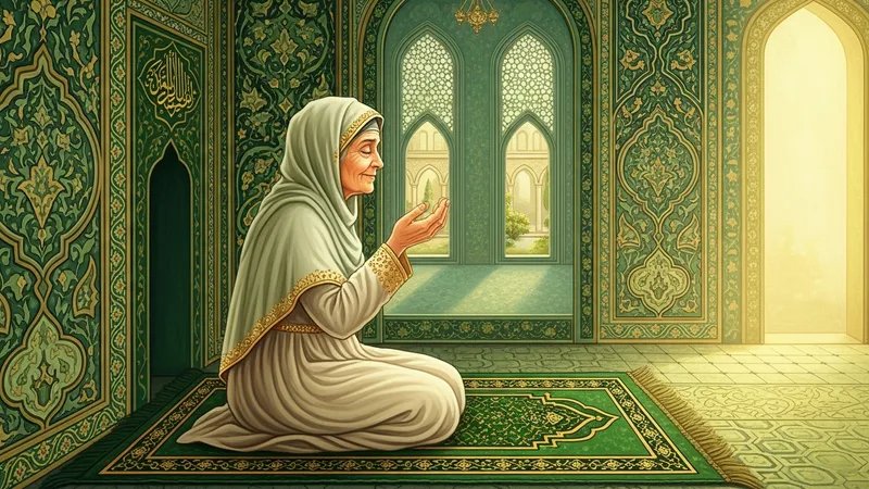 Namaz kılan yaşlı bir Müslüman, huzurlu bir ifadeyle seccadesinde oturuyor.