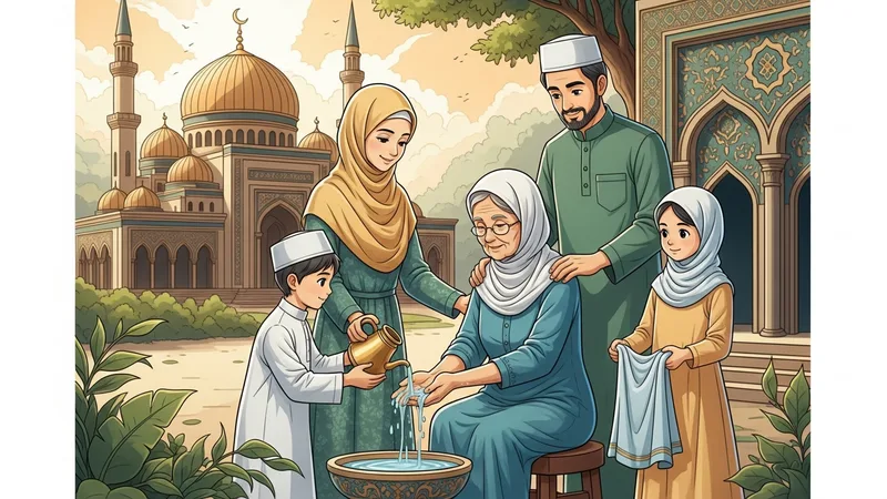 Yaşlı bir kadın, bir yakınının yardımıyla abdest alıyor.