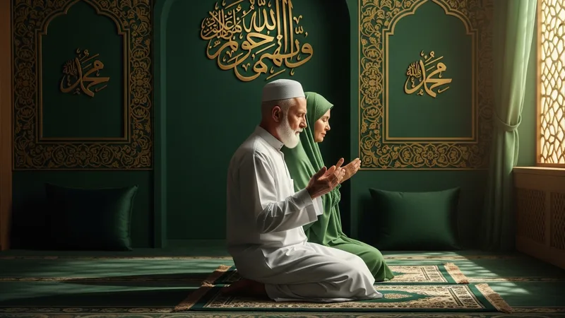 Huzurlu bir ev ortamında namaz kılan yaşlı bir çift, birbirlerine destek oluyor.