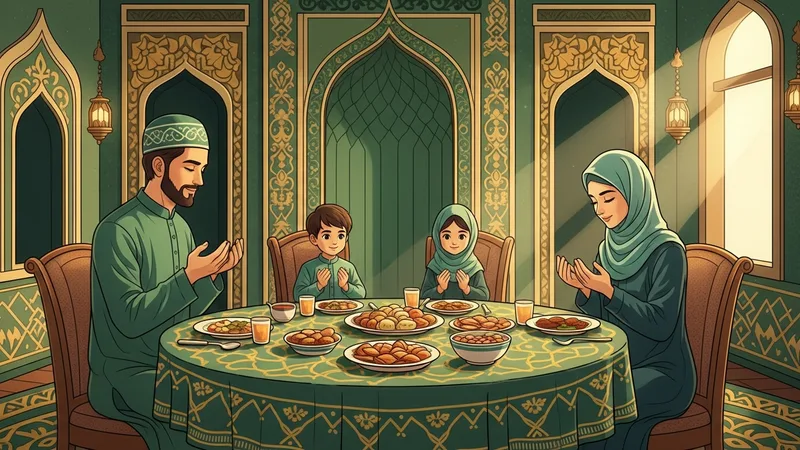 yemek duası eden bir aile illüstrasyonu, sıcak renkler, islami motifler