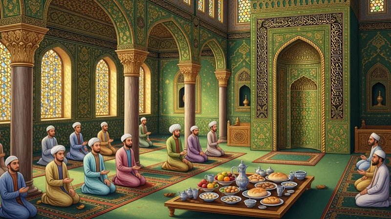 cami içinde yemek duası eden insanlar, minyatür çizim, altın detaylar