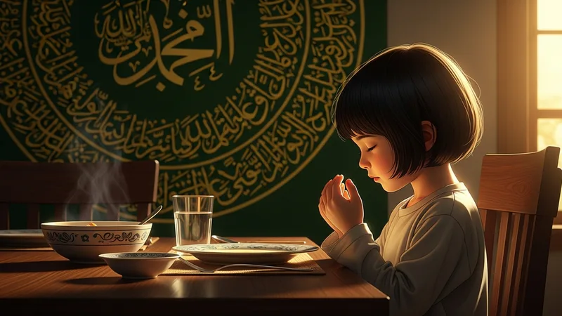 sofra başında dua eden bir çocuk, sıcak ışıklar, islami hat sanatı