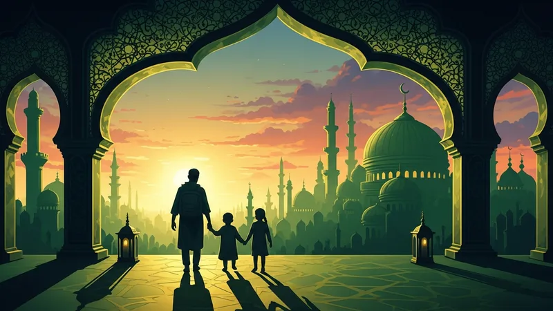 Yolculuk yapan bir ailenin silüeti, gün batımı