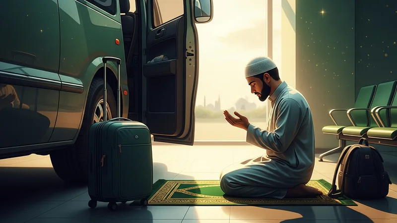 Yolculukta namaz kılan bir Müslüman, huzur içinde ibadetini yerine getirirken