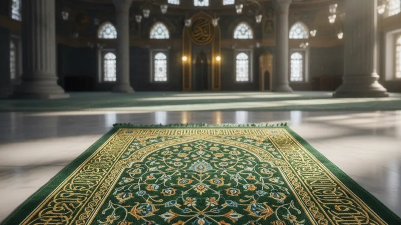 Bir caminin içinden dışarıya doğru bakış, namaz kılanları sembolize eden silüetler, İslami mimari detaylarla süslenmiş.
