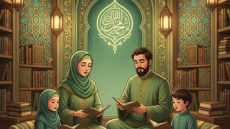 Namaz kılan bir Müslüman, seccade üzerinde oturmuş, dua ederken, arka planda yeşil ve altın tonlarında İslami desenler.