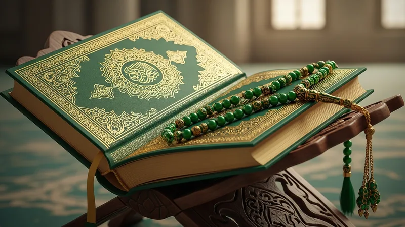 Altın işlemeli bir Kur'an-ı Kerim ve tesbih görseli, zekatın manevi derinliğini yansıtıyor