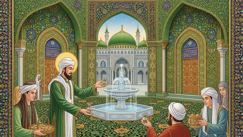 Cami avlusunda zekat dağıtan bir Müslüman, toplumsal dayanışmayı simgeliyor