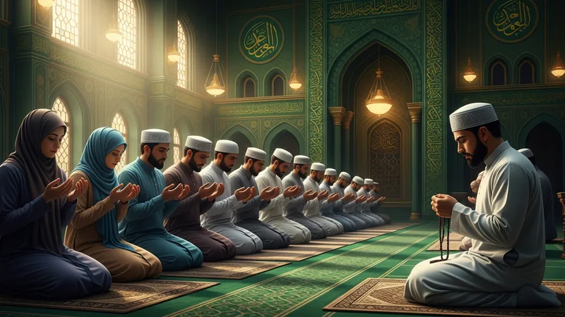 Namaz sonrası tesbih çeken, huzurlu bir Müslüman cemaati