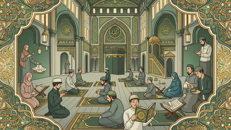 Hac ibadetini yapan Müslümanları gösteren, huzur ve maneviyat dolu İslami sanat eseri
